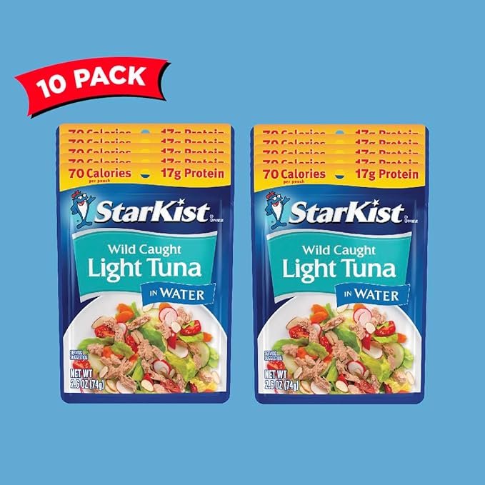 StarKist Chunk Light Tuna in Water, 2.6 oz Pouch (10 Pack) Ready to Eat Wild Caught Tuna, 17g