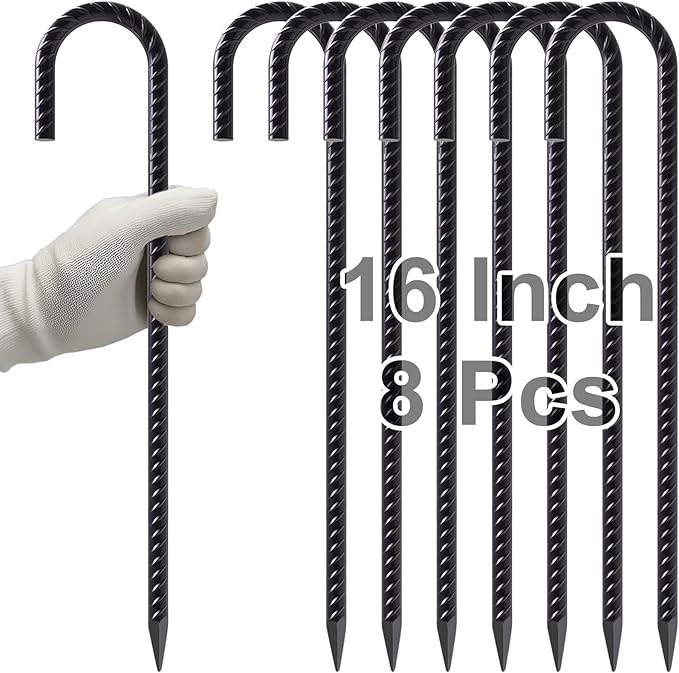 VVOKGO Rebar Stakes 16 Inches J Hook Heavy Duty Chain Link Fence Stakes, 8 Pcs Metal Long Tent