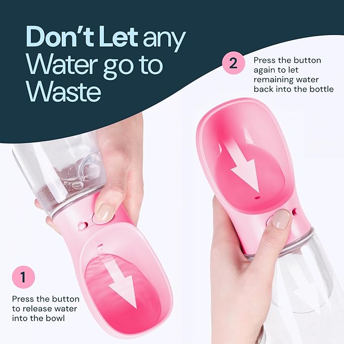 MalsiPree Dog Water Bowl Dispenser - 12 oz, Pink - One-Hand Operation & Dog Water Bottle Portable