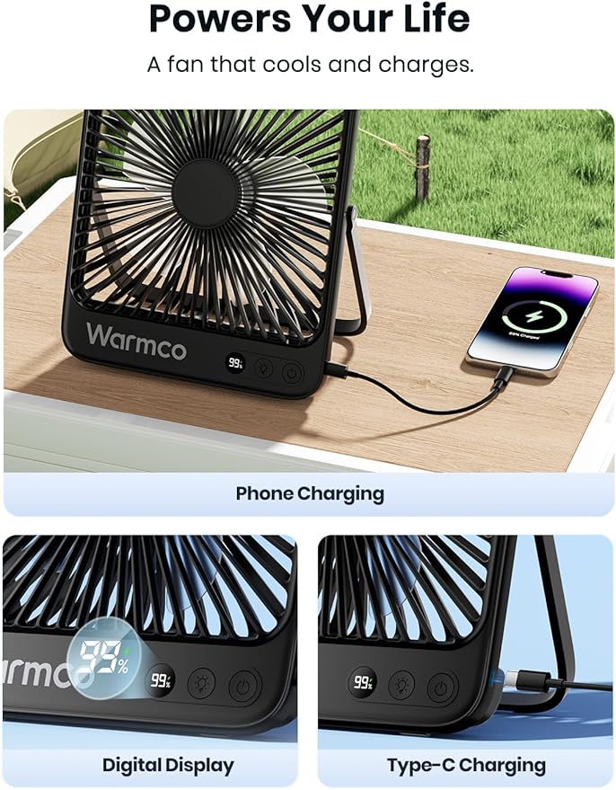 Warmco 20000mAh 8-inch Portable Camping Desk Fan, [15-48H Working Hours] Ultra-thin LED Light