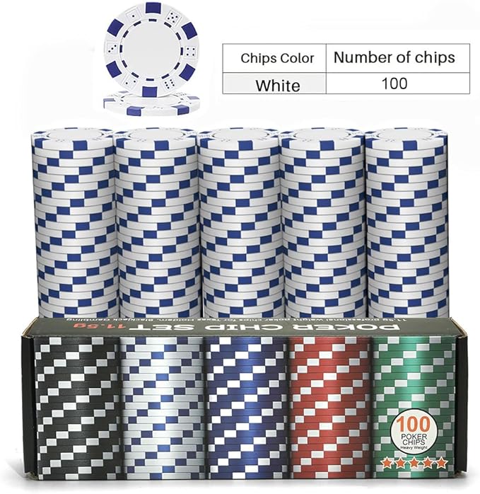 100PCS White Casino Poker Chips Set, 11.5 Gram Plastic Clay Blank Game Chips for Poker Card Games