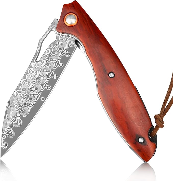 Damascus Pocket Knife 3.5" Damascus Steel Blade Foldable Knives with Wooden Handle EDC Camping