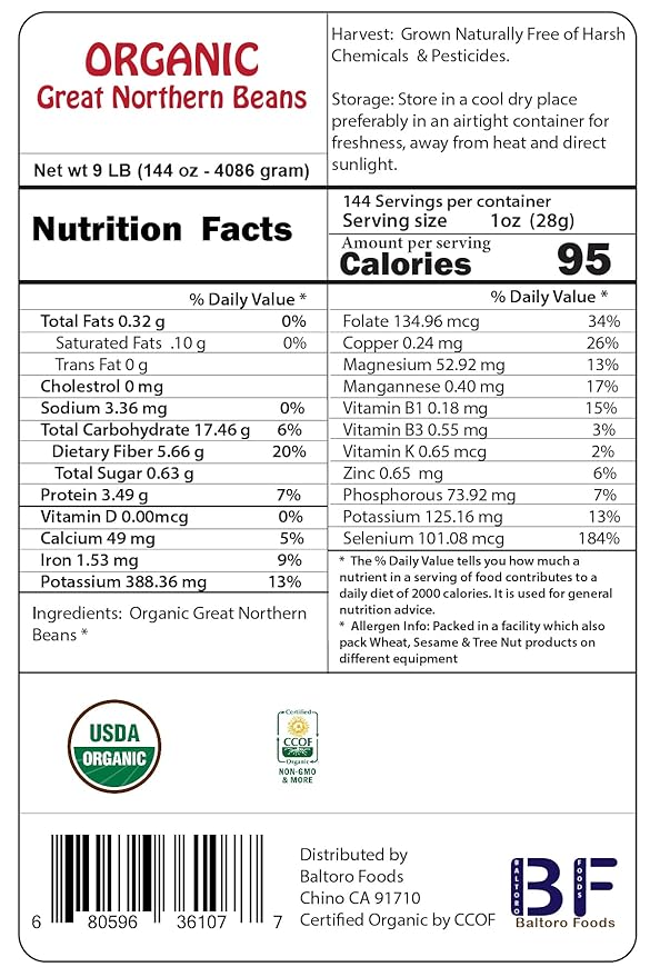 Organic Great Northern Beans,Raw, non GMO, Vegan, Bulk (1LB)
