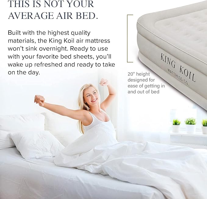 King Koil Luxury Built-in Pillow Top Queen Air Mattress with Built-in High-Speed Pump Best for