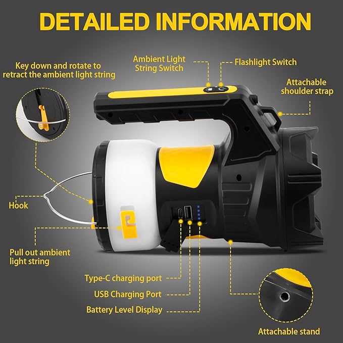 Camping Lantern Rechargeable, LED Flashlight Spotlight Lantern, Waterproof Lantern Flashlight for