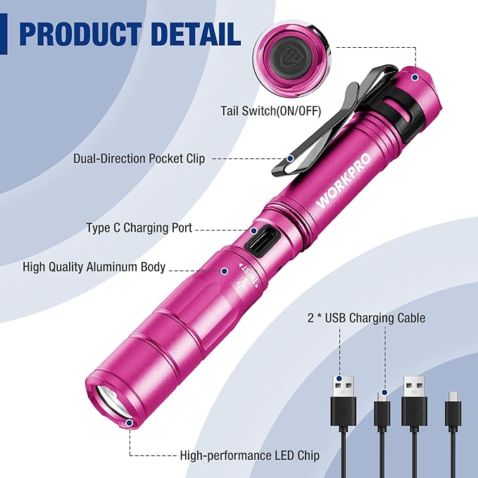 WORKPRO Rechargeable Pen Light, Mini Flashlight, 2 Pack Ultra-Compact EDC Flashlight, Pocket
