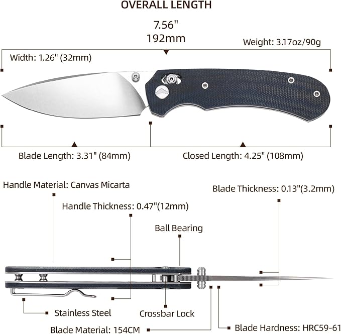 Folding Knife,Pocket Knife,3.31??154CM Blade,Erogonomic Canvas Micarta Handle,Survival Camping