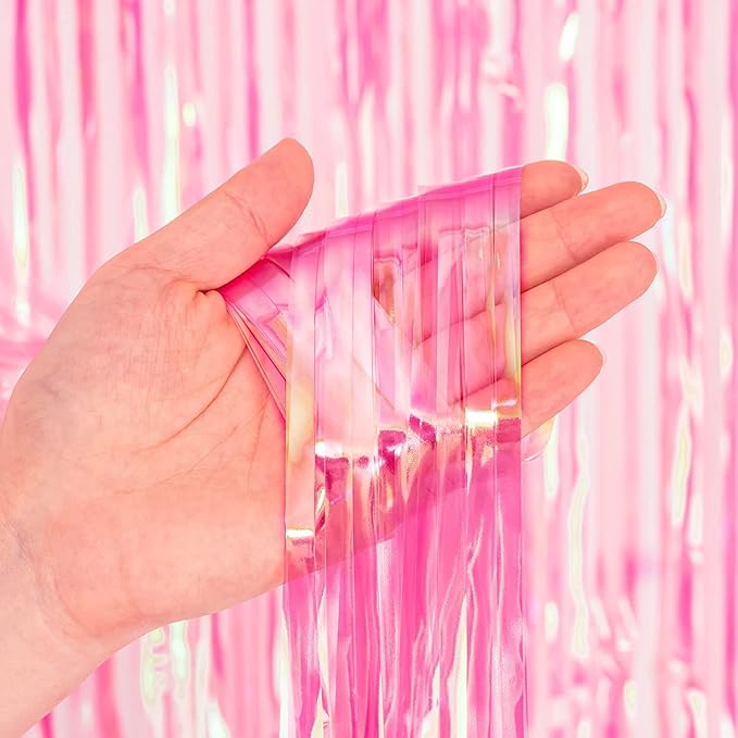 BRAVESHINE Clear Pink Streamers Party Decorations Iridescent Foil Fringe Backdrop - 2 Pack 3.2 x