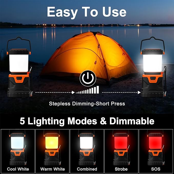 LED Camping Lantern Rechargeable,1000LM, Easy to Carry with 5 Ligth Modes, IP44 Waterproof Battery