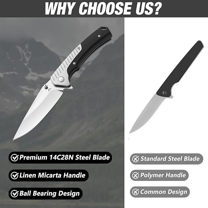 FLISSA Pocket Knife with 3.35" 14C28N Steel Blade, Liner Lock Folding Knife with Micarta Handle for