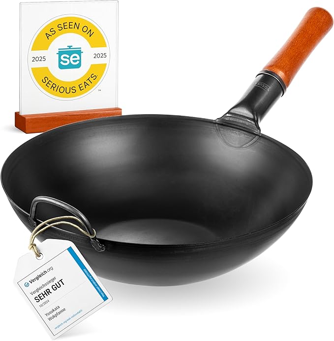 YOSUKATA 13.5" Carbon Steel Wok Pan – Pre-Seasoned Flat Bottom Pow Wok for Stir Fry, BBQ, Grill &
