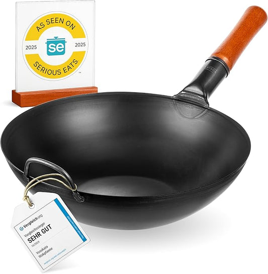 YOSUKATA 13.5" Carbon Steel Wok Pan – Pre-Seasoned Flat Bottom Pow Wok for Stir Fry, BBQ, Grill &