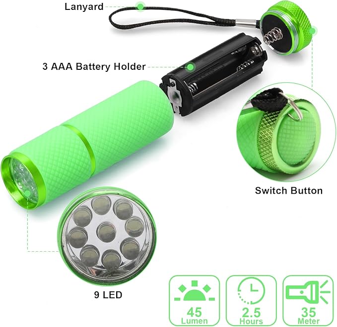 AHIER 9 LED Glow in Dark Flashlights, Rubber Coated Small Flashlights with Straps, Portable Handy
