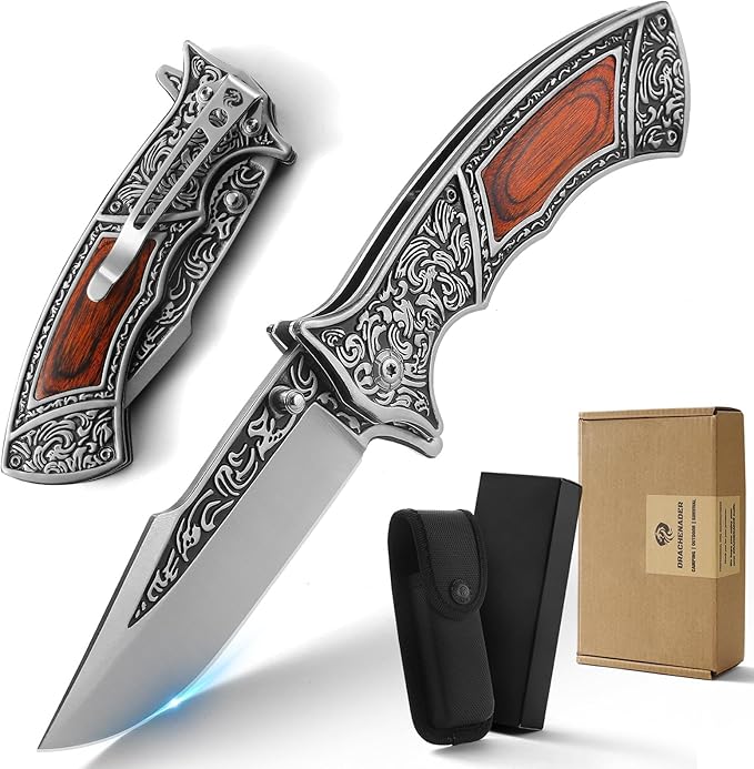 Pocket Knife with Sheath and Clip, 440C Stainless Steel Folding Knife 3D Retro Embossed Pattern