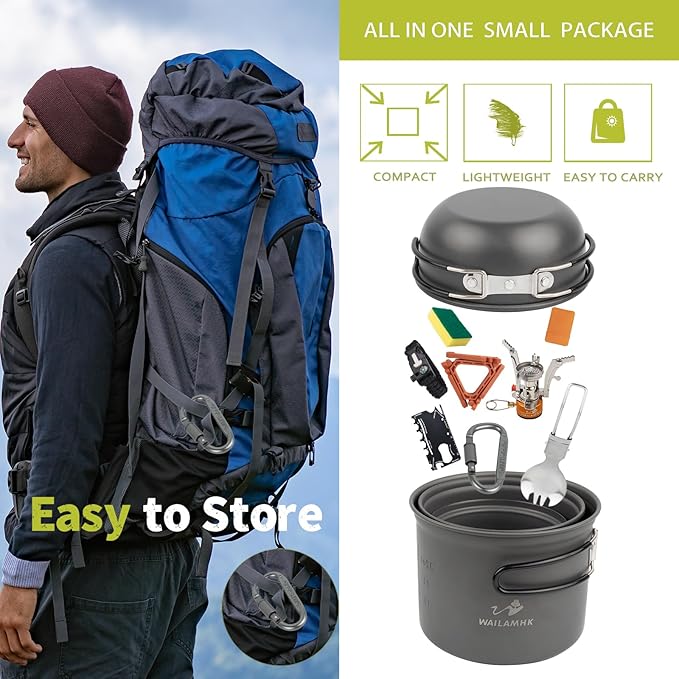 Camping Cookware Mess Kit, 17 pcs Backpacking Cooking Gear, Lightweight Camping Pots and Stove Set