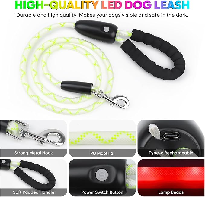 YFbrite Waterproof Light up Dog Leash with 15 Flashing Modes - Super Bright LED Dog Leash for Small