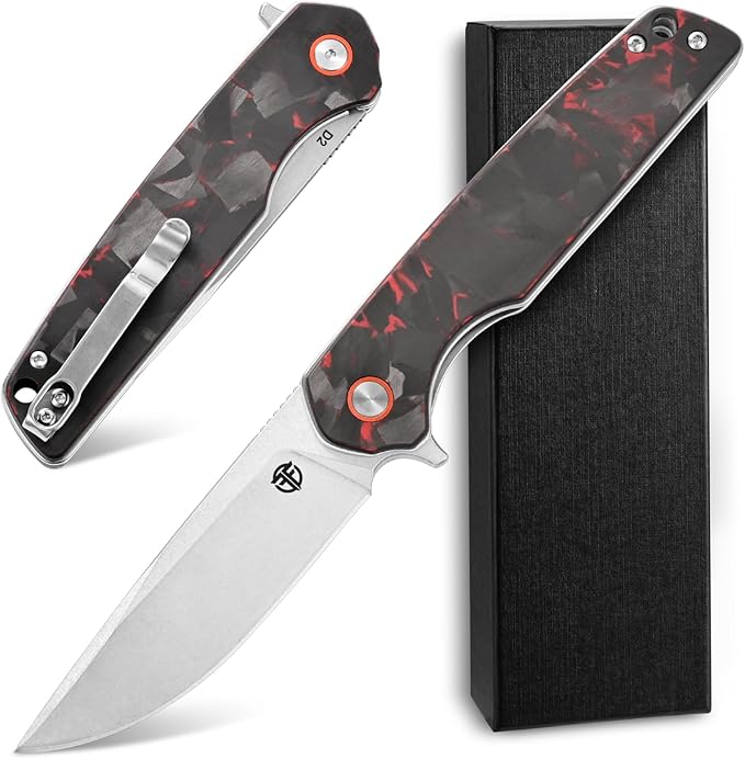 FF19 Folding Pocket Knife，D2 Steel Blade Carbon Fiber Handle EDC Tool Knife for Outdoor Camping