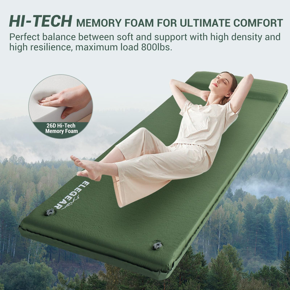 Elegear Self Inflating Sleeping Pad with Pillow 26D Memory Foam 3.15"