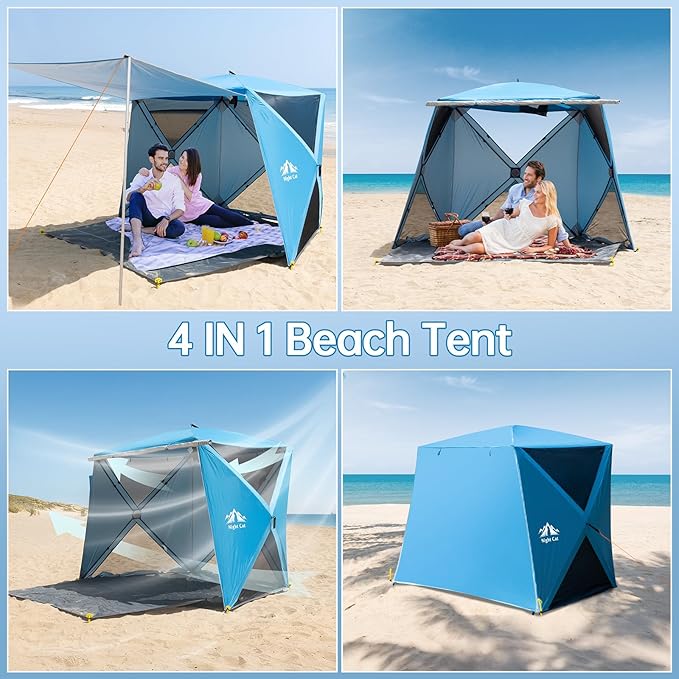 Night Cat Pop-up Beach Tent: 3 4 Persons Beach Shelter with Canopy and Footprint, UPF 50+ UV