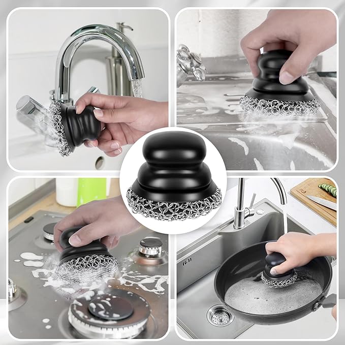Onewly Cast Iron Scrubber (2 × Black Coarse Mesh) and and Scraper, Chain Mail Scrubber for Cleaning
