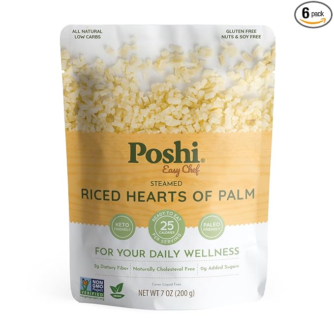 POSHI Riced Heart Of Palm | All Natural, Fully Cooked, Ready to Eat, Non-GMO, Low Calorie + Carb