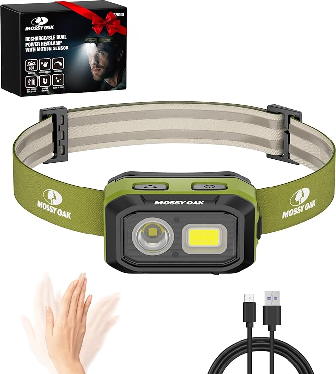 Mossy Oak 600 Lumens LED Headlamp, Dual Power Source, Motion Sensor Head Lamp with Magnetic Base