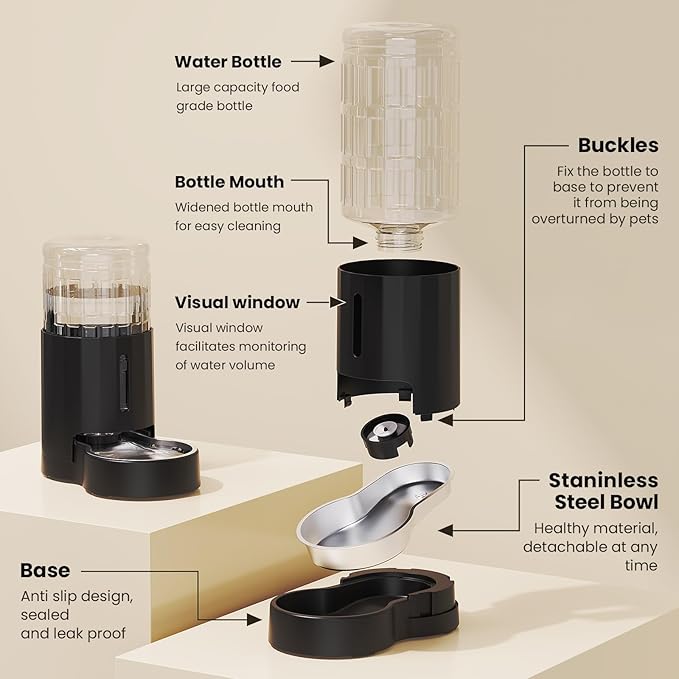 CZPET Automatic 4L/1Gal/135Oz Cat Water Dispenser with Stainless Steel Bowl, Gravity Waterer for