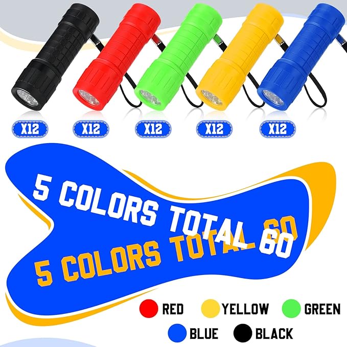 Riakrum 60 Pack 9 LED Flashlight Bulk Small Plastic Handheld Flashlights with Lanyard for Home