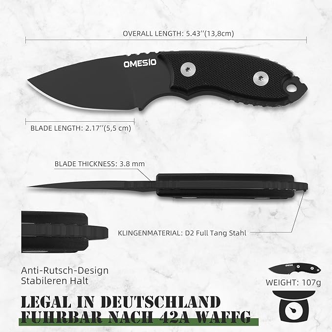 Omesio Neck Knife, 5.43" Neck Knife with Sheath and Necklace, Full Tang Small Mini Fixed Blad Knife