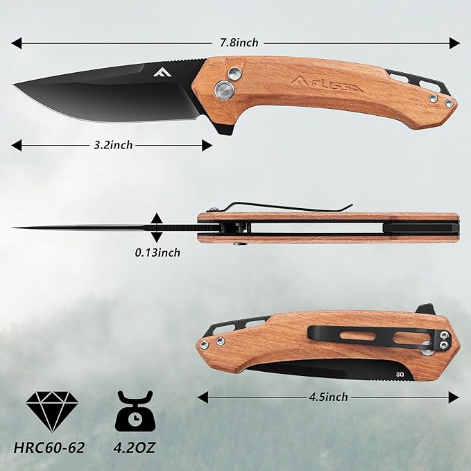 FLISSA Pocket Folding Knife, 3.2??D2 Blade Wood Handle EDC Knife with Button Lock and Pocket Clip