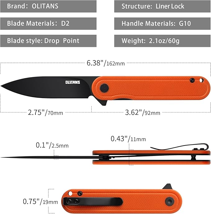 G040 Pocket Knife, 2.75'' D2 Steel Blade G10 handle, Small EDC Knife with Pocket Clip for Men