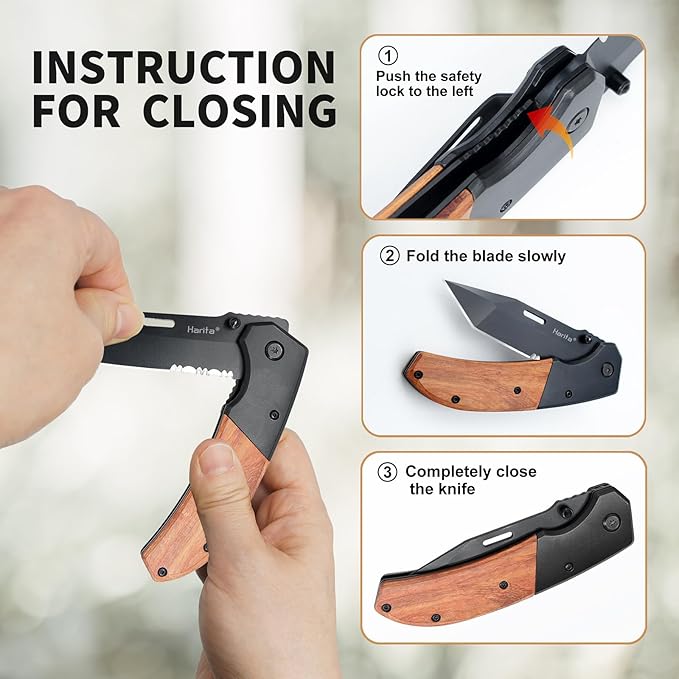 Pocket Knife for Men, Folding Knife with Pocket Clip, Wood Handle EDC for Women with 3.4″ Black