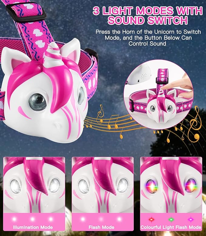 Toys LED Headlamp-Headlamp for Kids Unicorn Toy Head Lamp Flashlight 3 Adjustable Lighting Mode