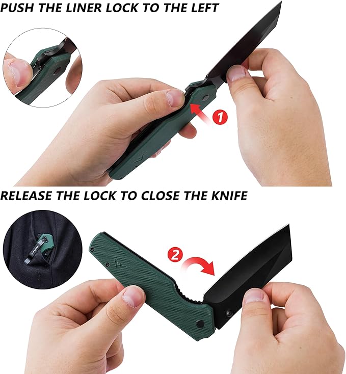 FLISSA Folding Knife, 4-3/4" Reverse Tanto Folding Pocket Knife, Black Stonewash Blade, G10 Handle