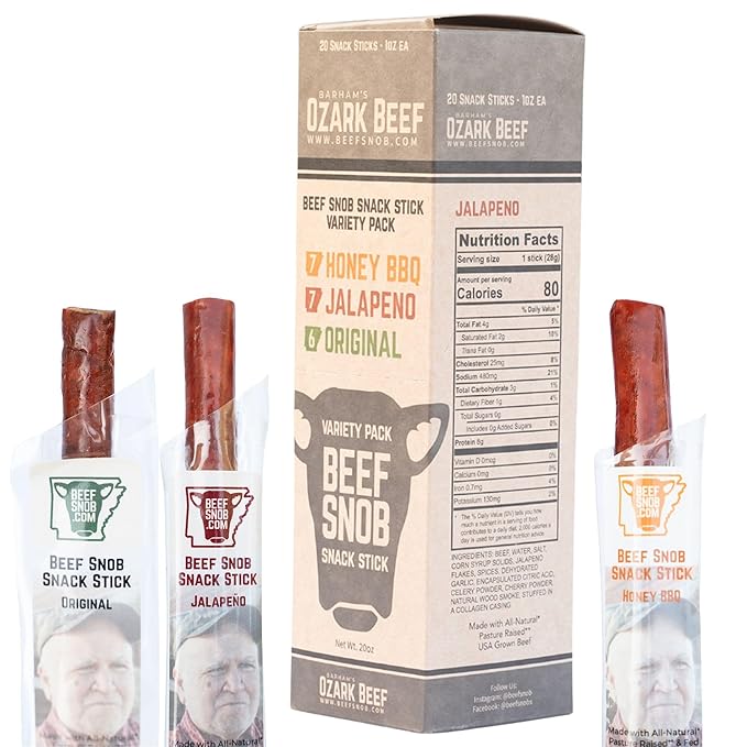 Beef Snob Snack Sticks - Variety Pack - Original (6), Jalapeno (7), Honey BBQ (7) - 1 Ounce Snack