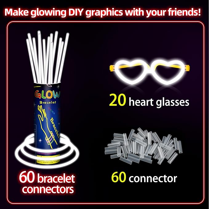 60 Pack 8??White Glow Sticks Bulk Bright Glow Sticks with 60 Connectors 20 Heart Glasses Glow In