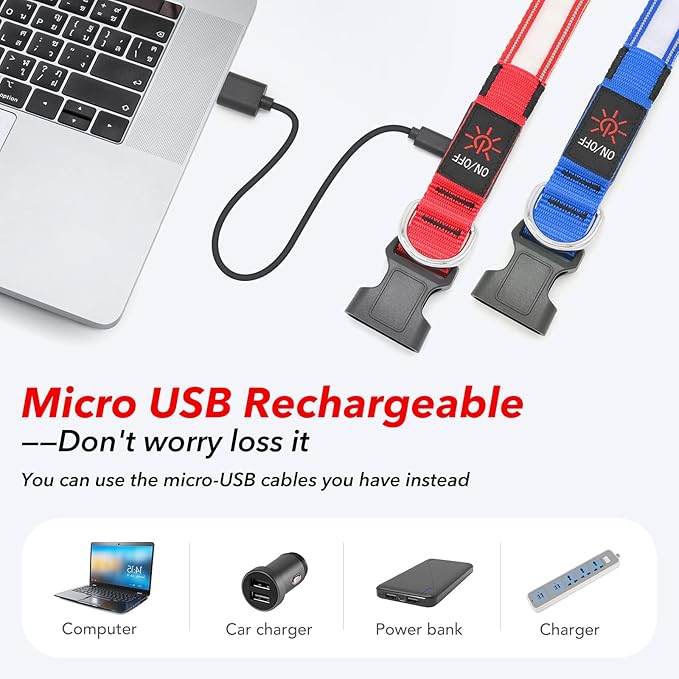 Visinite LED Dog Collar USB Rechargeable, Reflective Light Up Pet Collar for Night Walking
