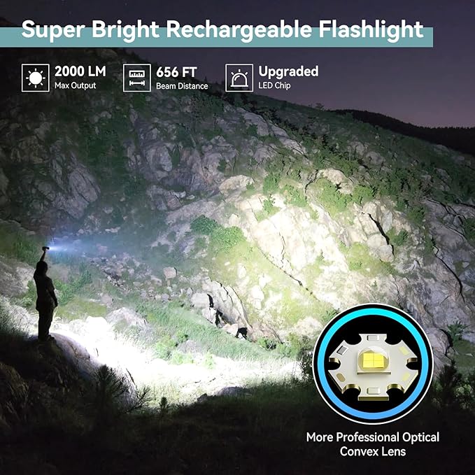 LETMY Rechargeable Flashlights High Lumens, 2 Pack 2000 Lumens Bright LED Tactical Flashlight, 3