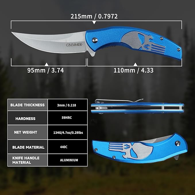 Tactical Folding Knife with upswept 440C High Carbon Stainless Steel Blade, Blue Aluminum Handle
