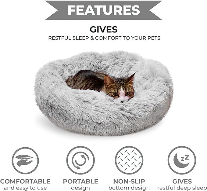 Whiskers & Friends Cat Bed, Cat Beds for Indoor Cats Washable, Orthopedic Soft Fluffy Round Calming