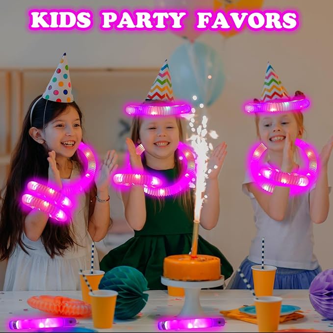 24 PCS Pink Glow Sticks Party Favors for Kids, Light Up Necklaces Bracelets Accessories for