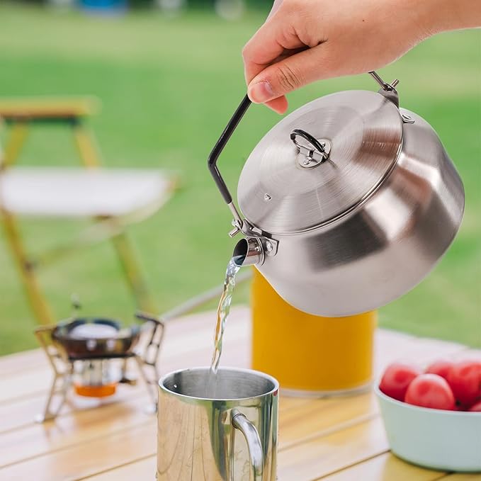 1L Camping Kettle, Portable Outdoor Campfire Kettle, 304 Stainless Steel Camp Tea Coffee Pot