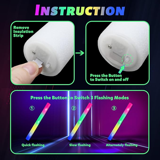 100 Pcs 18.5 inch Foam Glow Sticks Bulk, 4 Color LED Light Foam Sticks, Glow In The Dark Party