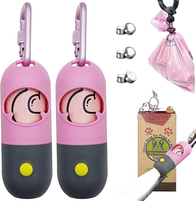Dog Poop Bags Holder with LED Flashlight|Pet Waste Bags Dispenser for Leash|Doggie Potty Bags