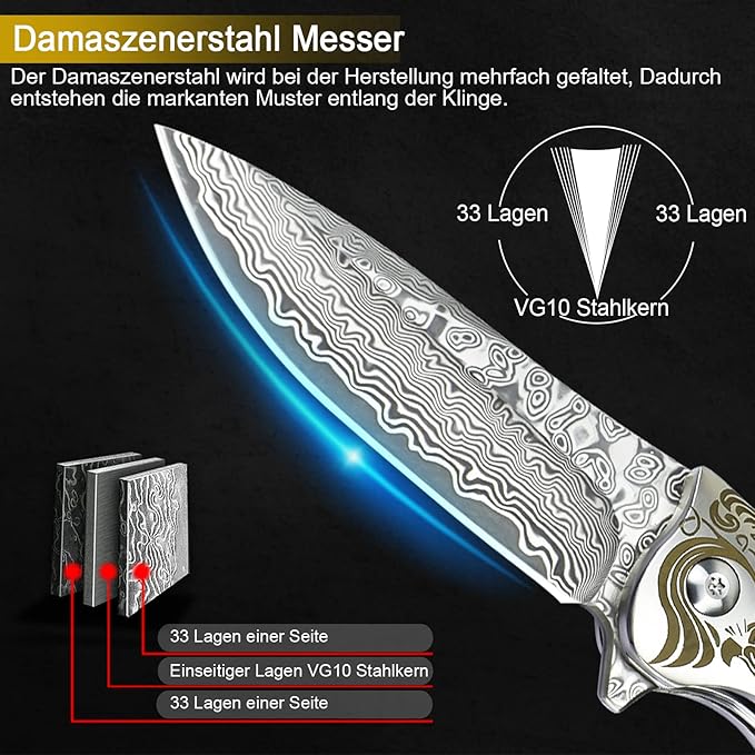 AUBEY Damascus Pocket Knife with Clip, Folding Knives with VG10 Damascus Steel Blade, Wooden
