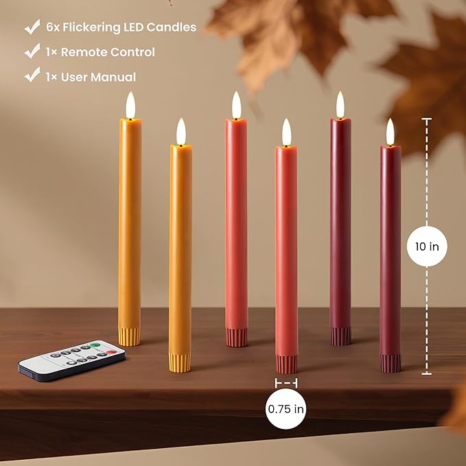 Fall Flameless Taper Candles with Remote and Timer, 10" 6pk LED Candlesticks, Battery Operated