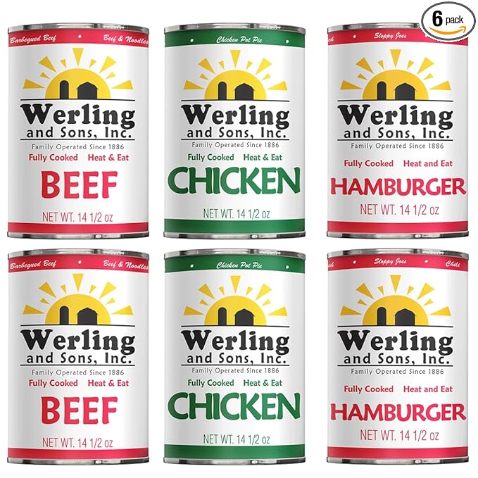 Werling & Sons Canned Meat Variety Pack 14.5 oz – Fully Cooked & Ready to Eat | 2 Hamburger, 2