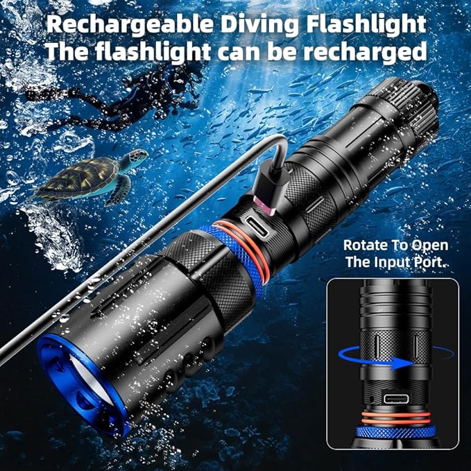 1000 Lumens Dive Light, Waterproof IPX8 100M, Rechargeable LED Flashlight with 11° Beam Angle