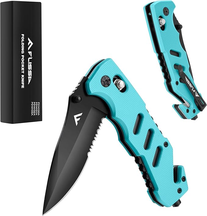 FLISSA Folding Pocket Knife with Clip, Glass Breaker and Seatbelt Cutter, Survival Knife for