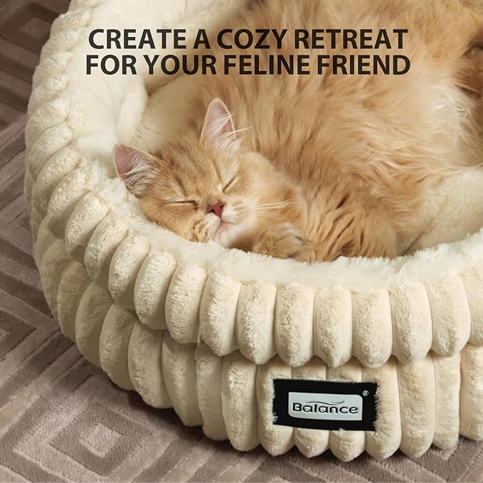 BALANCE Cat Bed Kitten Bed, Washable Round Cat Beds for Indoor Cats,Super Soft Plush Faux Fur Pet